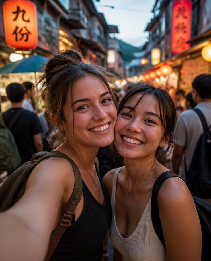 Reisgenoten maken een selfie op een levendige markt